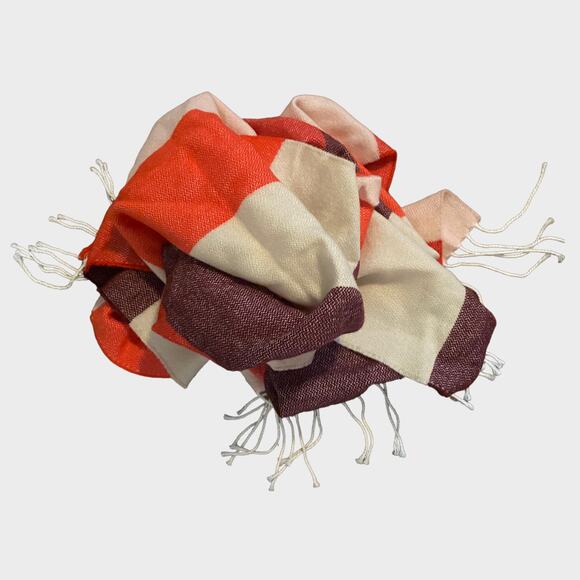 Lands' End Rectangle Scarf With Fringe 68" x 16" Cream Orange Burgundy - Picture 1 of 6